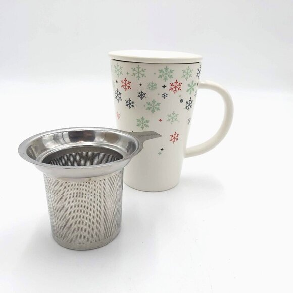 Davids Tea Perfect Mug Snowflakes with Tea Infuser Ceramic Lid Green Inner 12 oz - Picture 10 of 10